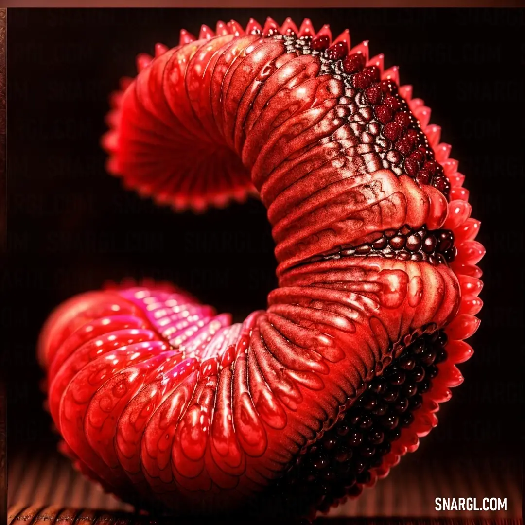 Red sculpture is on a table with a black background and a red frame around it that has a black background and a red frame