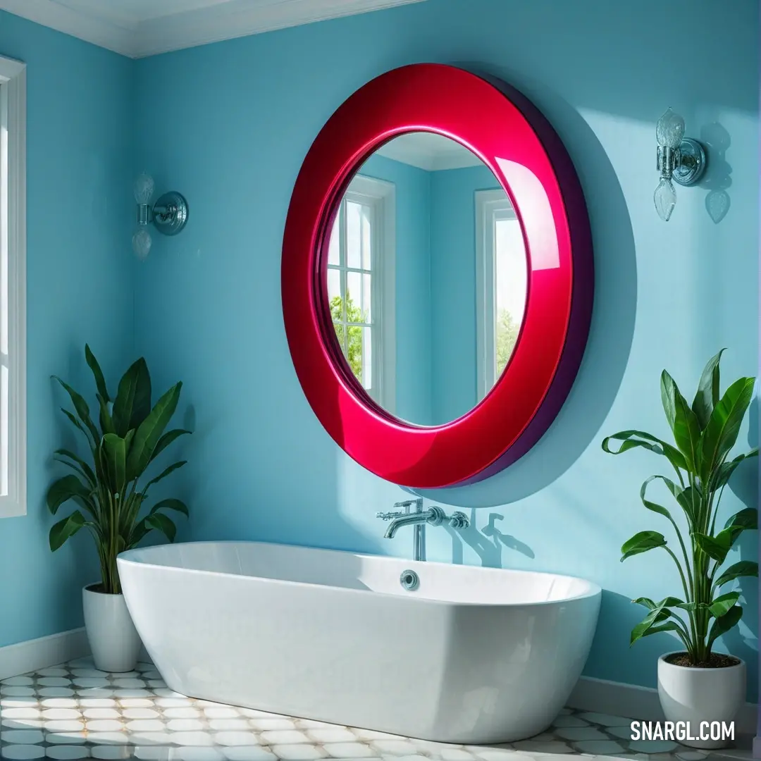 Bathroom with a tub and a round mirror on the wall above it and a potted plant in the corner. Example of CMYK 0,100,65,15 color.