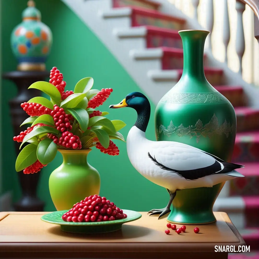UA red color. Duck standing next to a vase with berries in it and a bowl of berries on a table next to it