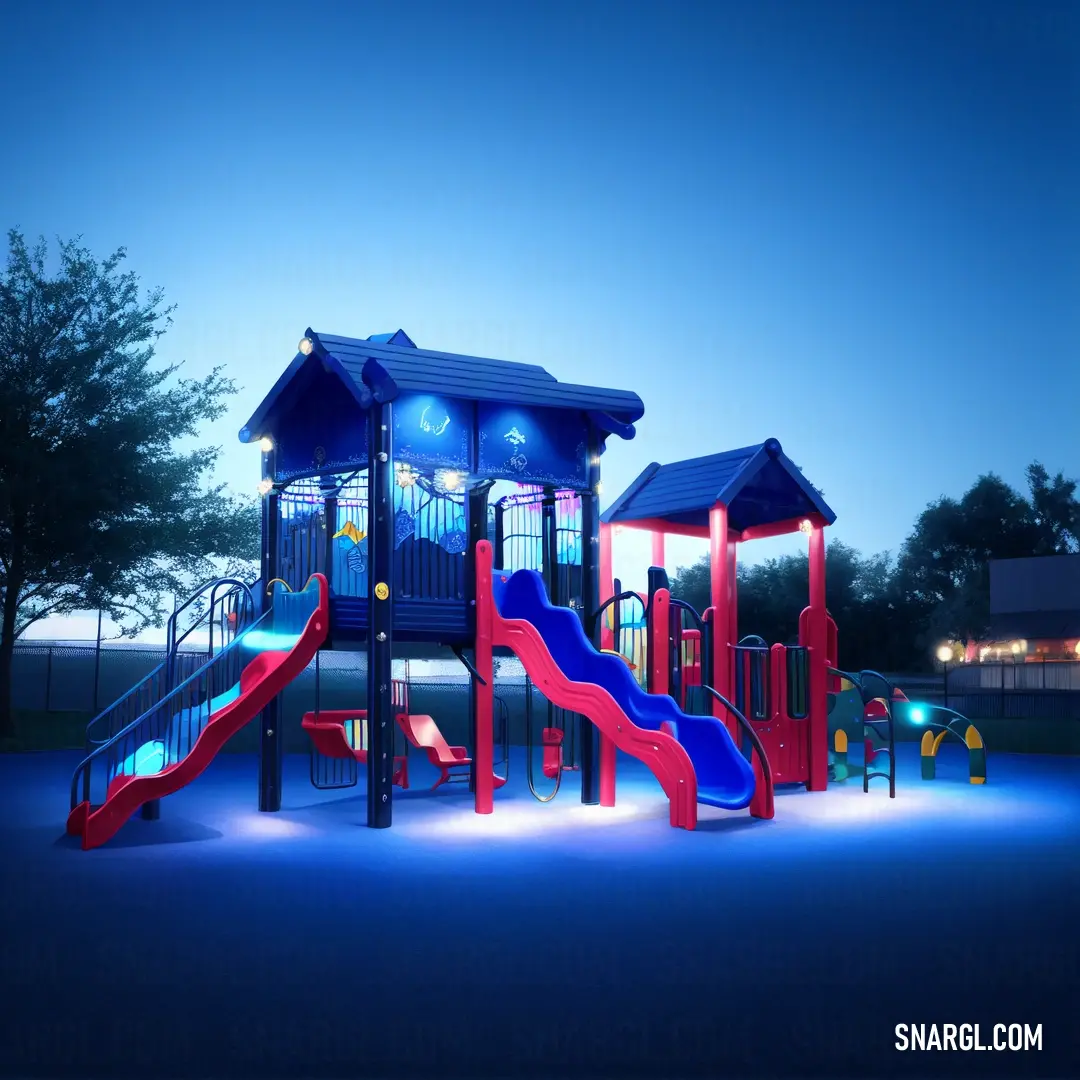 UA red color example: Lit up playground with a slide and a lit up slide at night time with a blue sky in the background