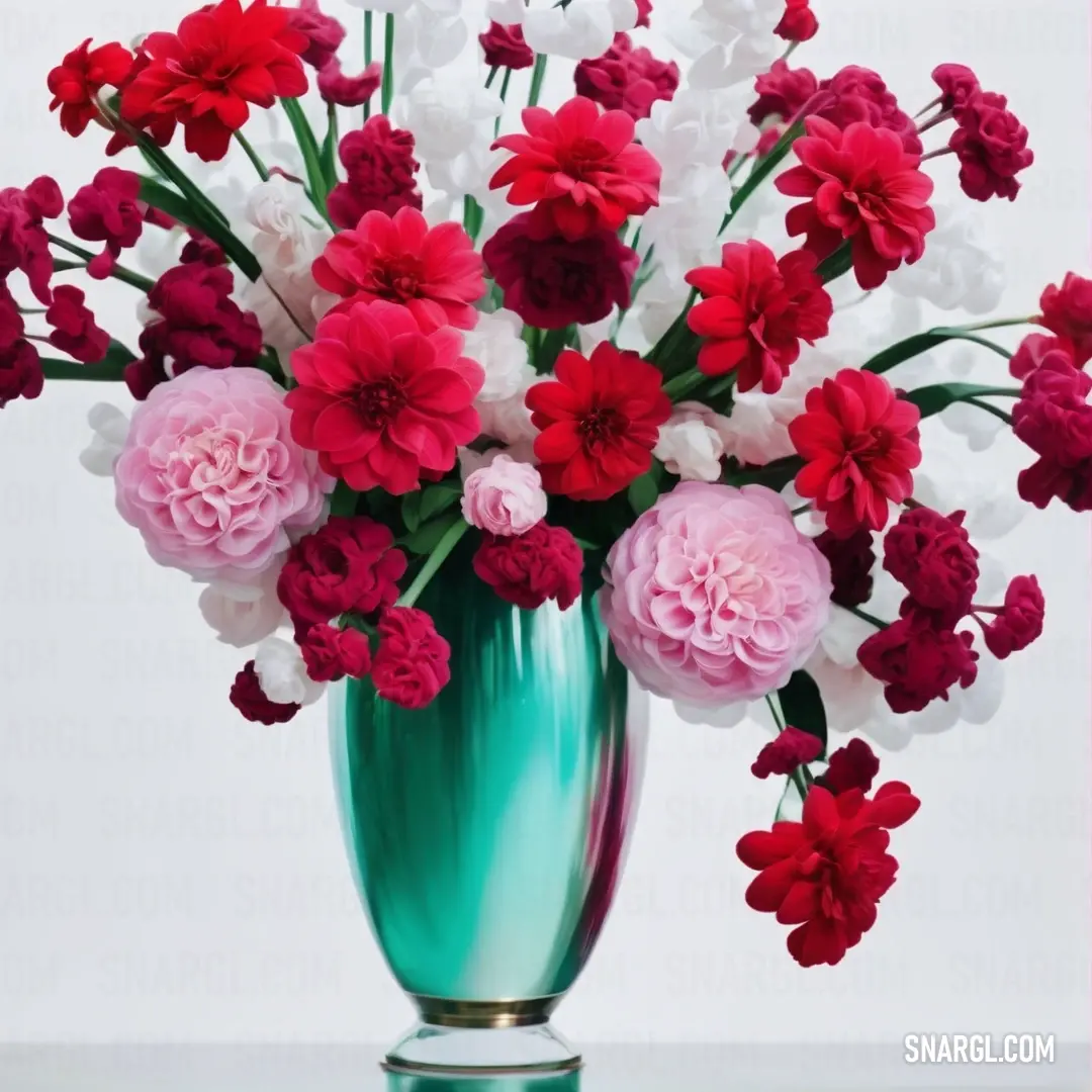 Vase filled with lots of pink and red flowers on a table top next to a white wall. Example of UA red color.