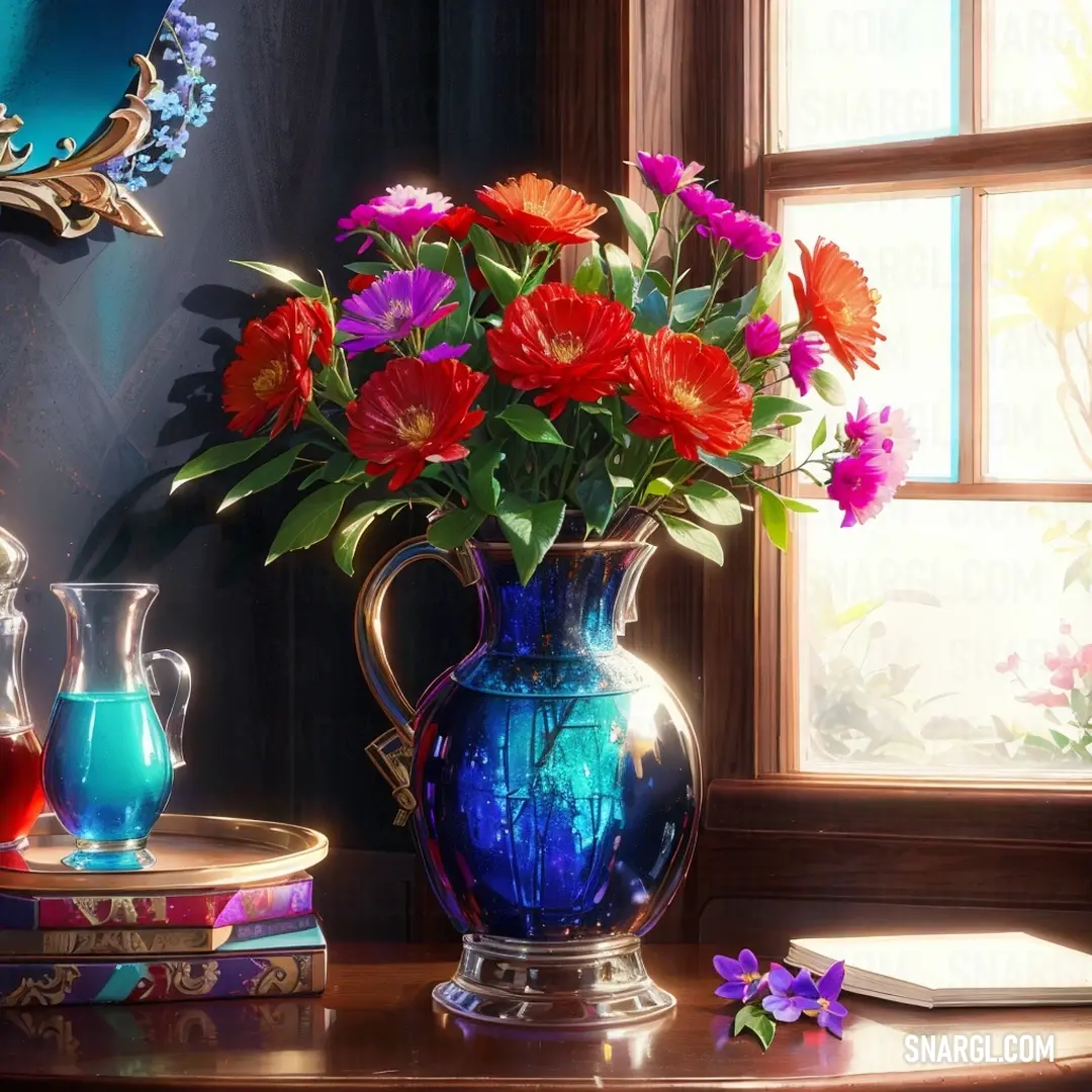 Vase of flowers on a table next to a window with a book. Example of RGB 217,0,76 color.