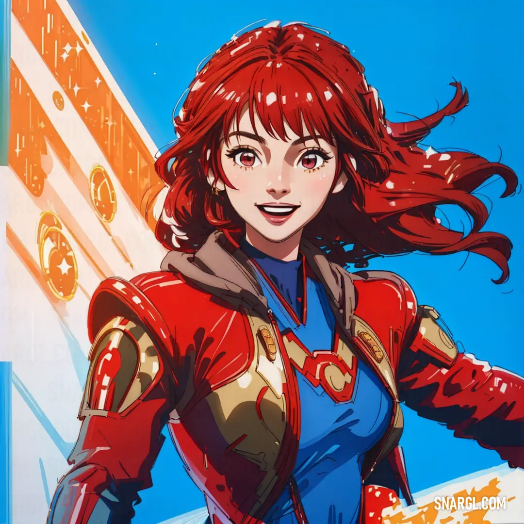 Woman in a red and blue outfit with a sword in her hand