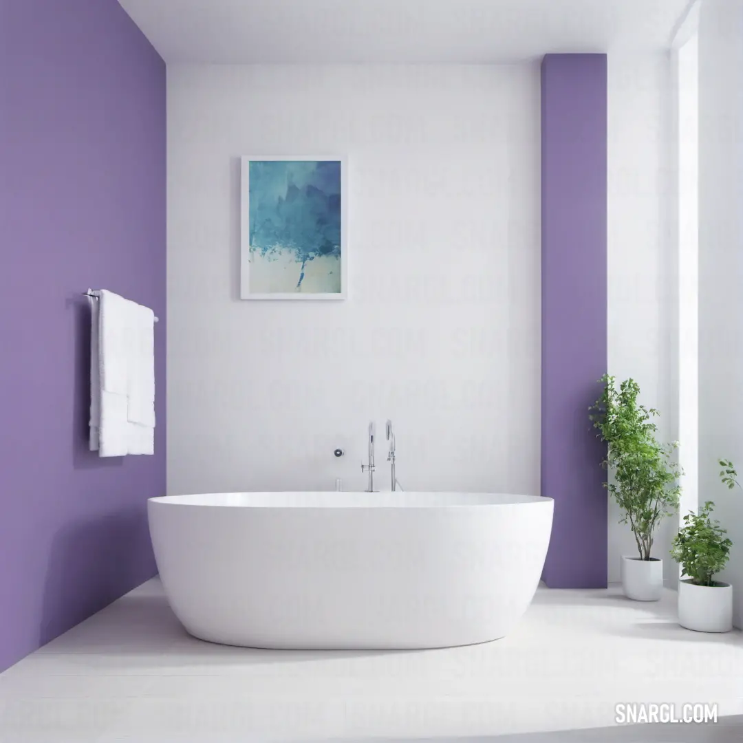 Bathroom with a white tub and purple walls and a plant in the corner of the room on the right. Color CMYK 30,38,0,24.