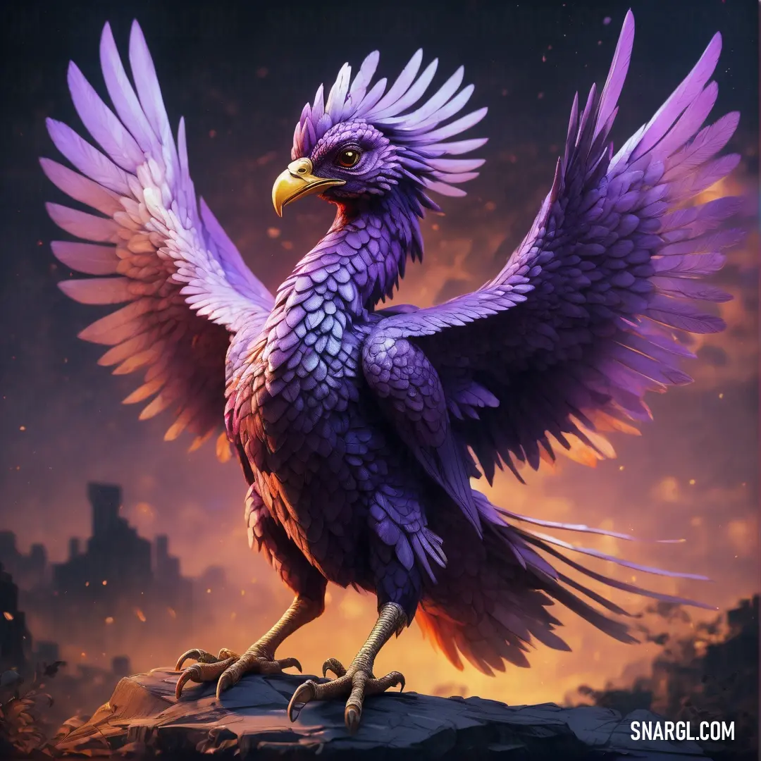 Ube color example: Bird with purple feathers standing on a rock with its wings spread out and outstretched in the air
