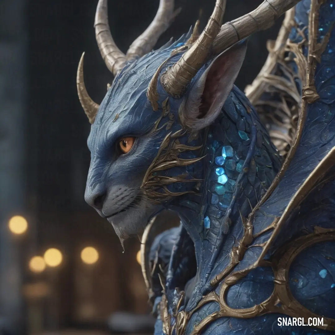 A majestic blue dragon statue, intricately detailed with sharp horns, glowing blue eyes, and a sleek blue body accented with shimmering gold highlights. The rich color evokes a sense of mystery and power.