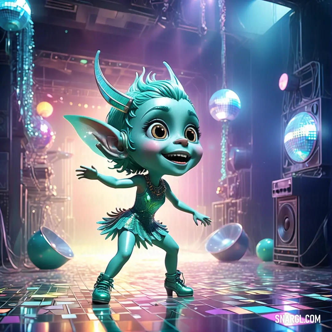 Cartoon character is dancing on a disco floor with lights and disco balls in the background