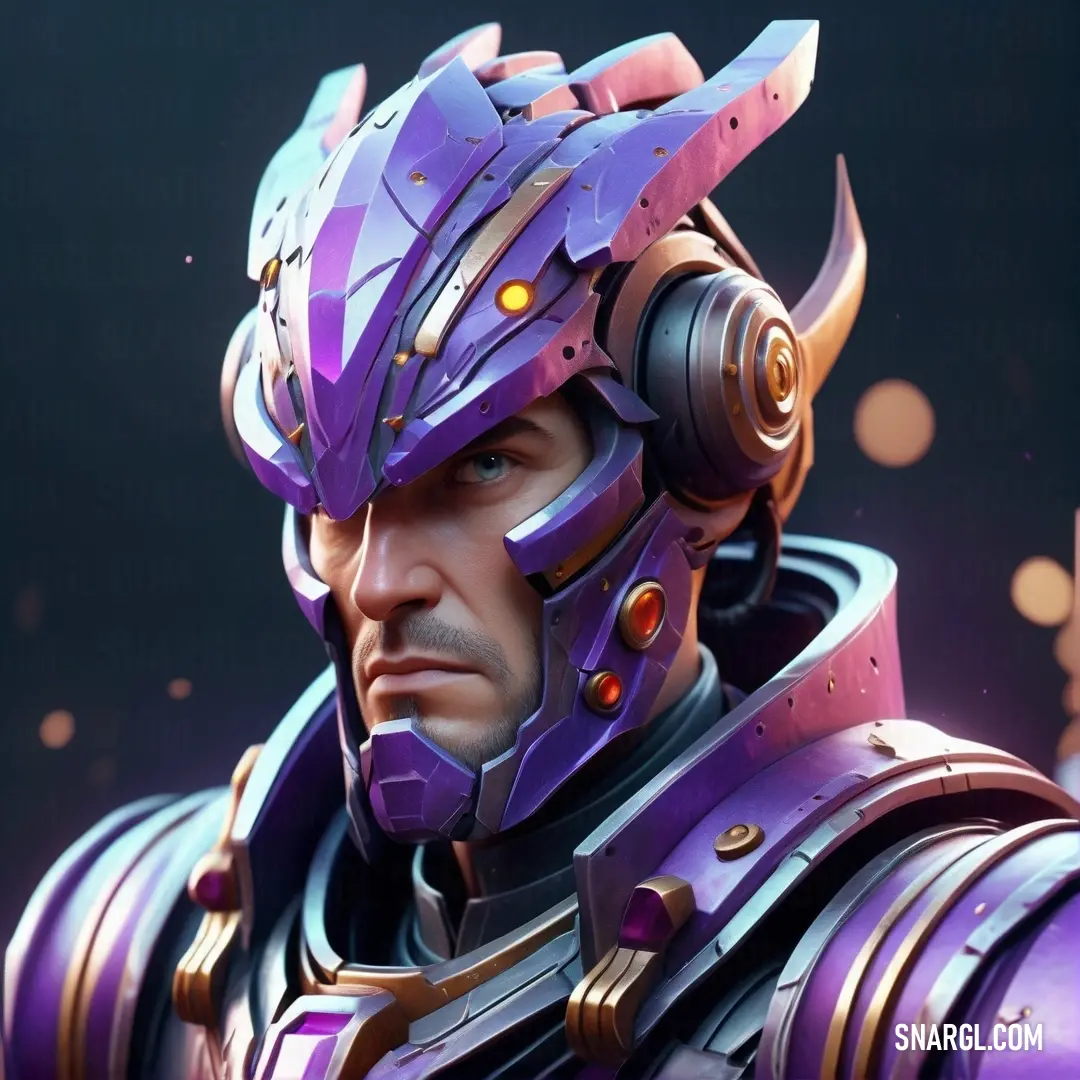 Close up of a person wearing a purple helmet and purple armor with horns on his head and a black background. Example of #8878C3 color.