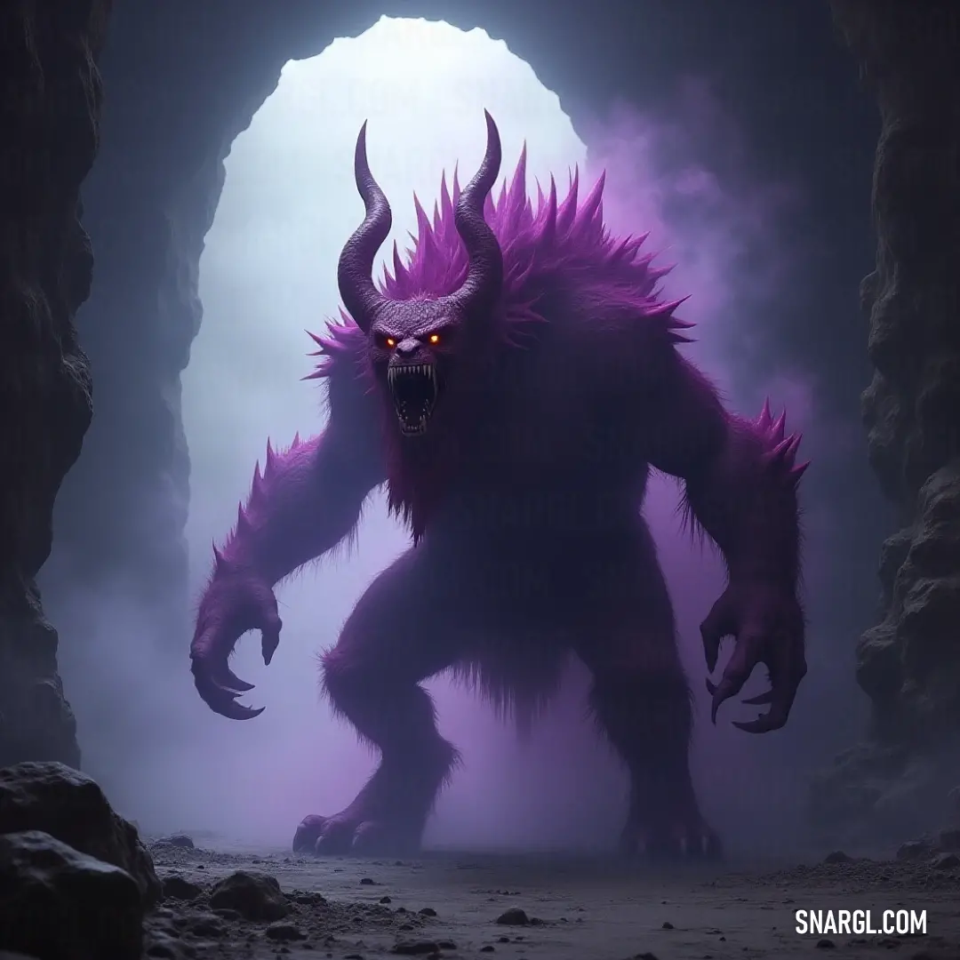 A magnificent, fearsome demon with imposing horns and razor-sharp teeth emerges from a shadowy cave. Eerie fog swirls around, illuminated by an ominous glow emanating from its mouth, creating a captivating and chilling atmosphere.