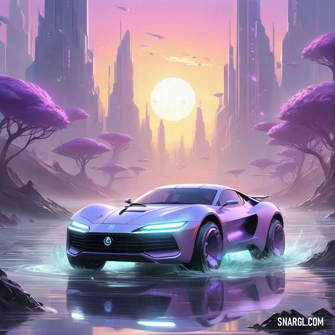 Futuristic car is driving through a river in front of a city with tall buildings and trees at sunset. Color Ube.