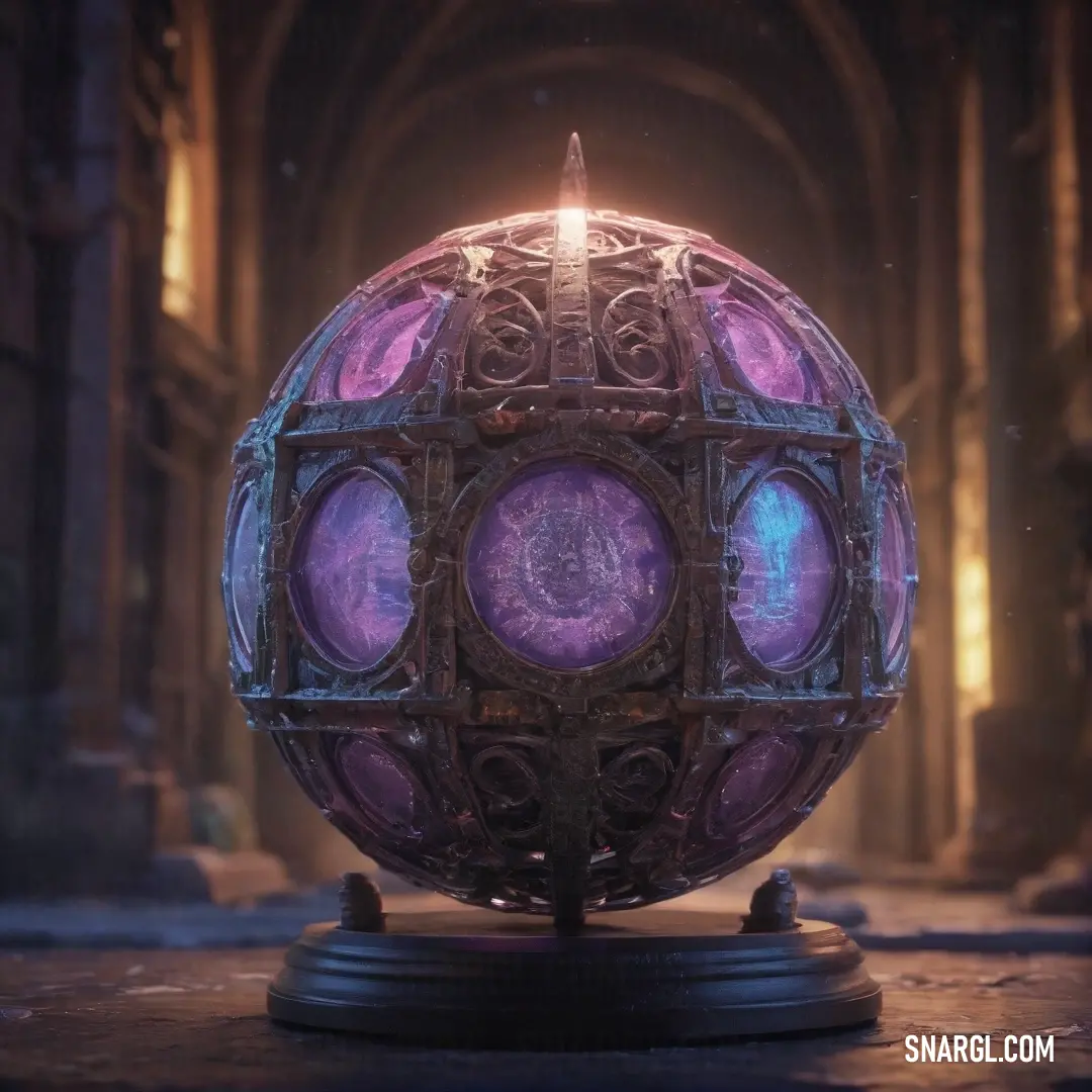 A large, glowing ube-colored ball illuminated from within, casting a soft light in a dimly lit room. Surrounding columns and arches add a touch of architectural grandeur to the serene atmosphere.