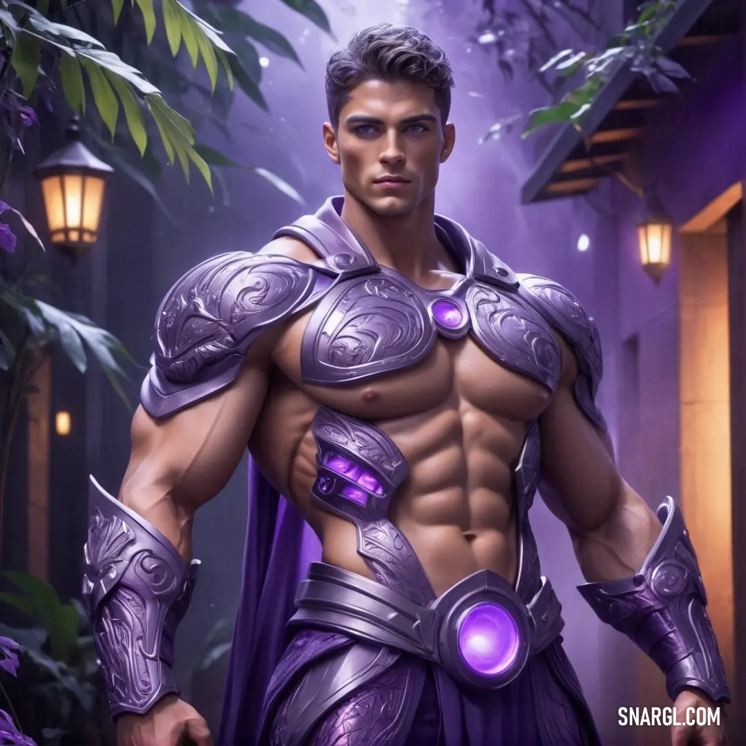Man in a purple outfit standing in a jungle with a purple light on his chest and chest. Example of CMYK 30,38,0,24 color.