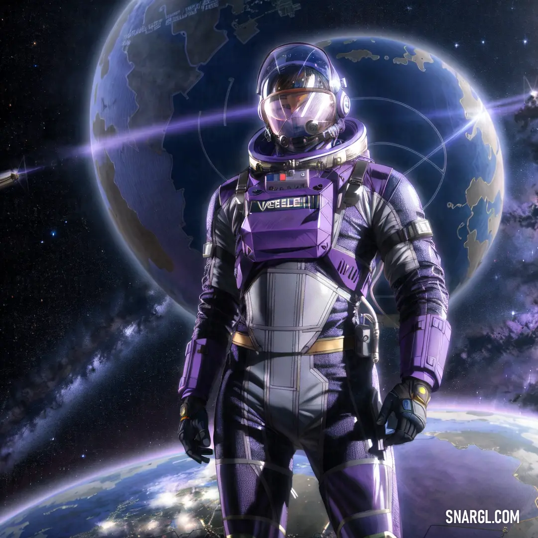 Man in a space suit standing in front of a planet with a star in the background and a blue