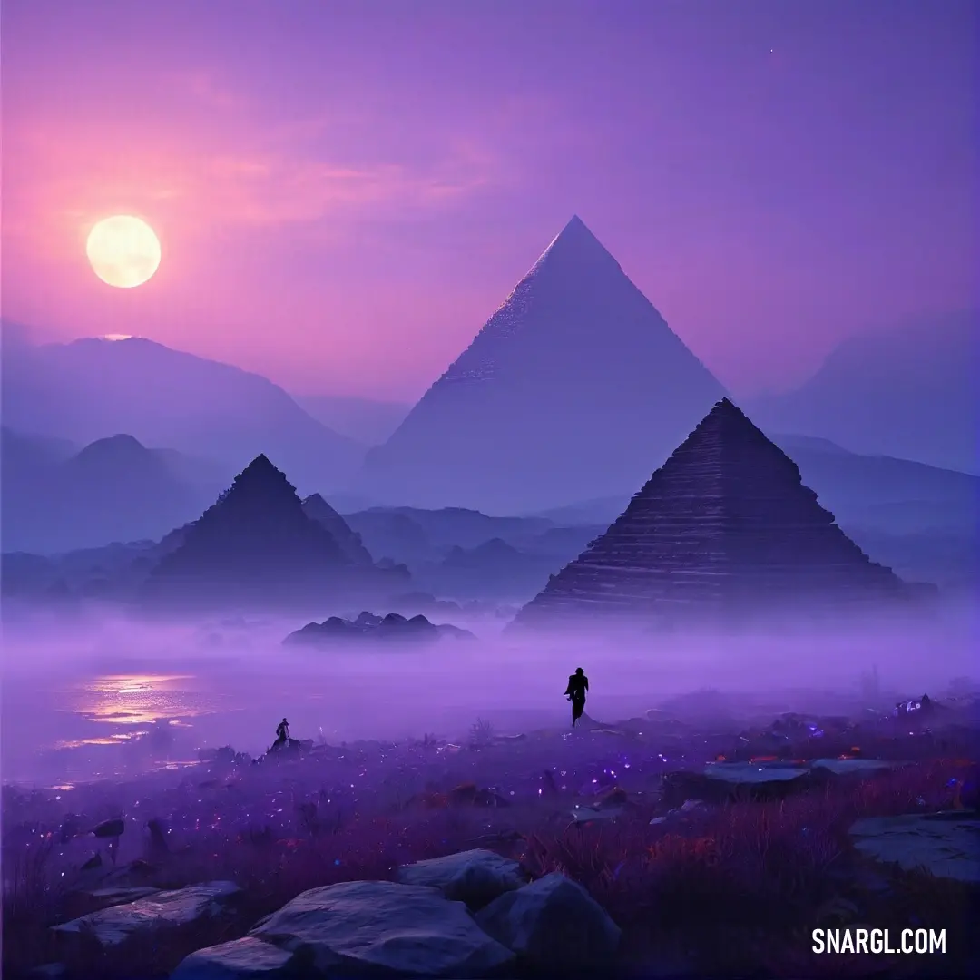 Man standing in front of a pyramid in the desert at sunset with a foggy sky and a full moon. Example of Ube color.
