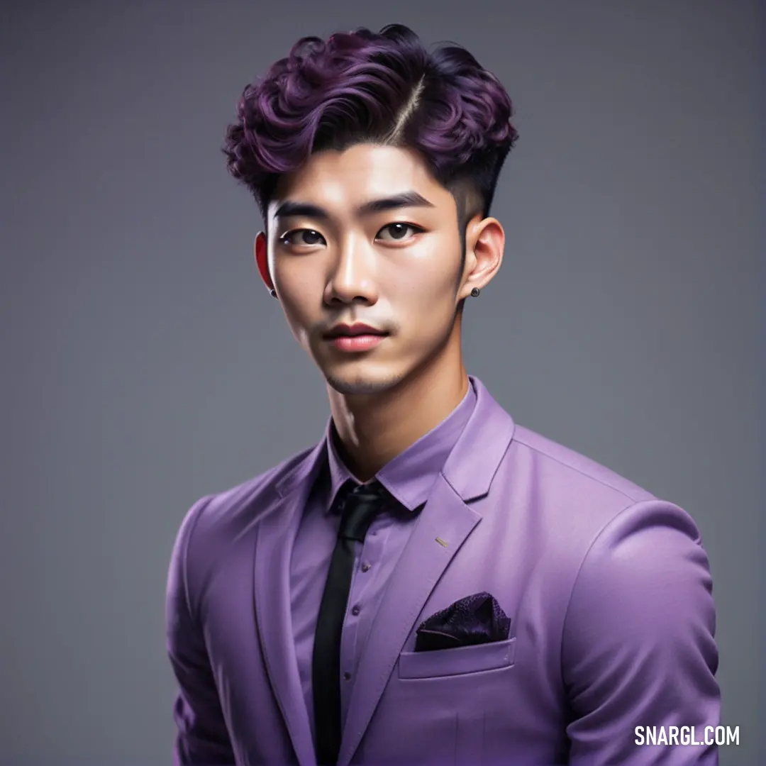 Ube color example: Man with a purple suit and tie on a gray background with a black tie