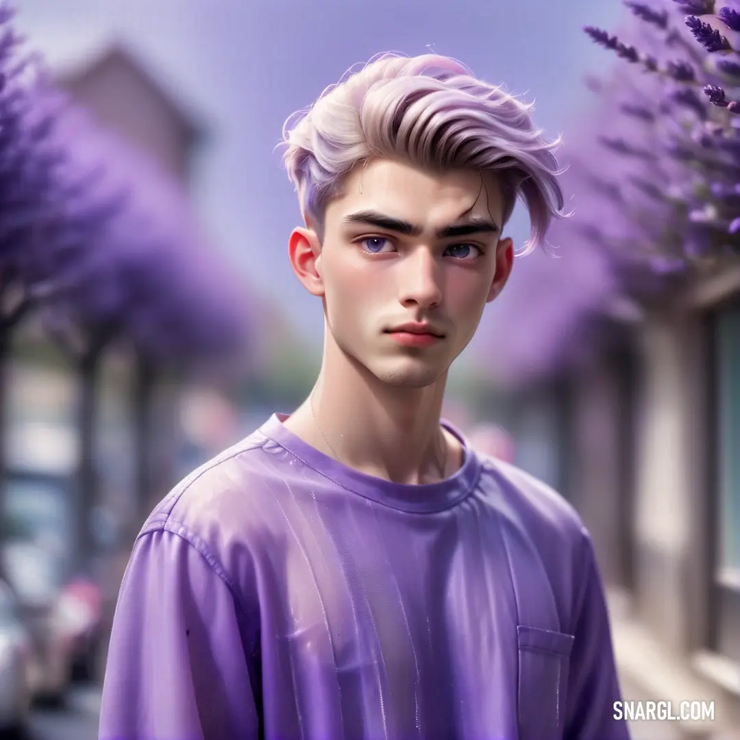 Ube color example: Man with blonde hair and a purple shirt standing in front of purple trees and buildings