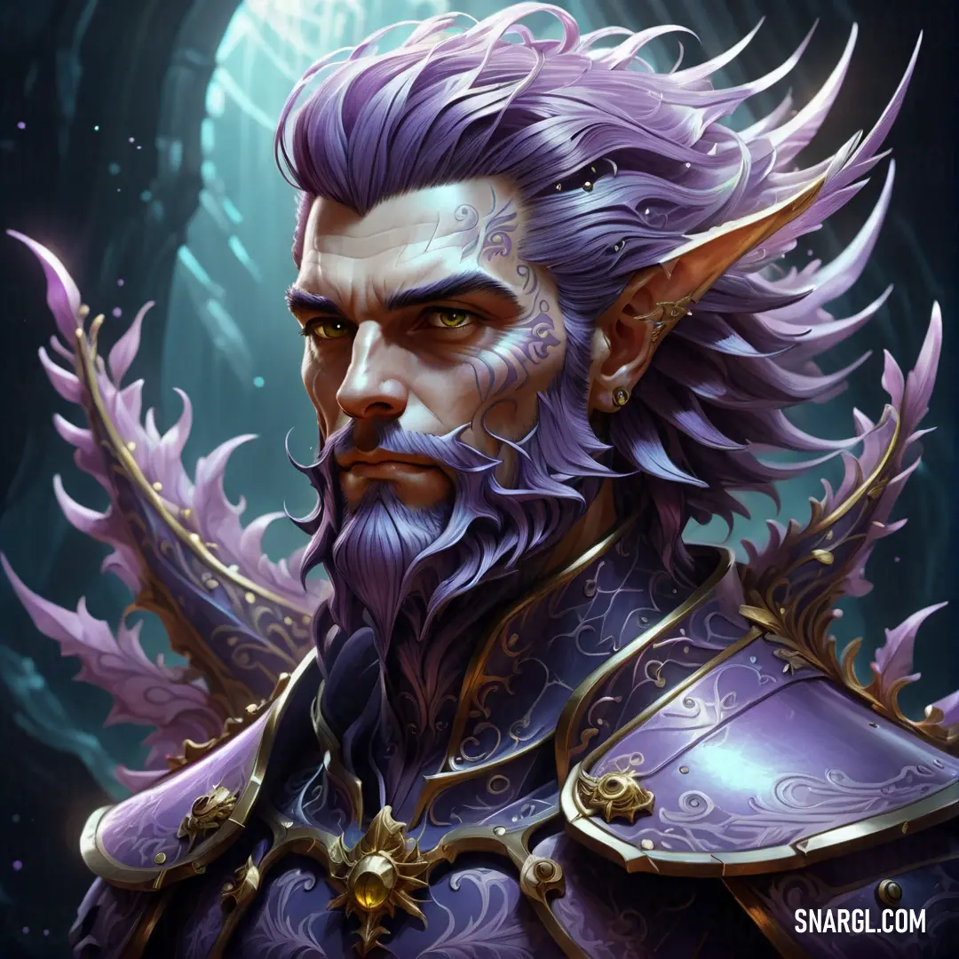 Man with purple hair and a beard wearing a purple outfit and a purple helmet with horns and horns. Color #8878C3.