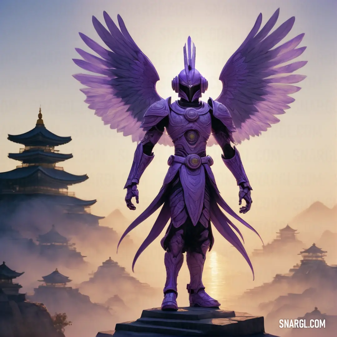 Man with wings standing on a platform in front of a pagoda and pagodas in the background. Color #8878C3.
