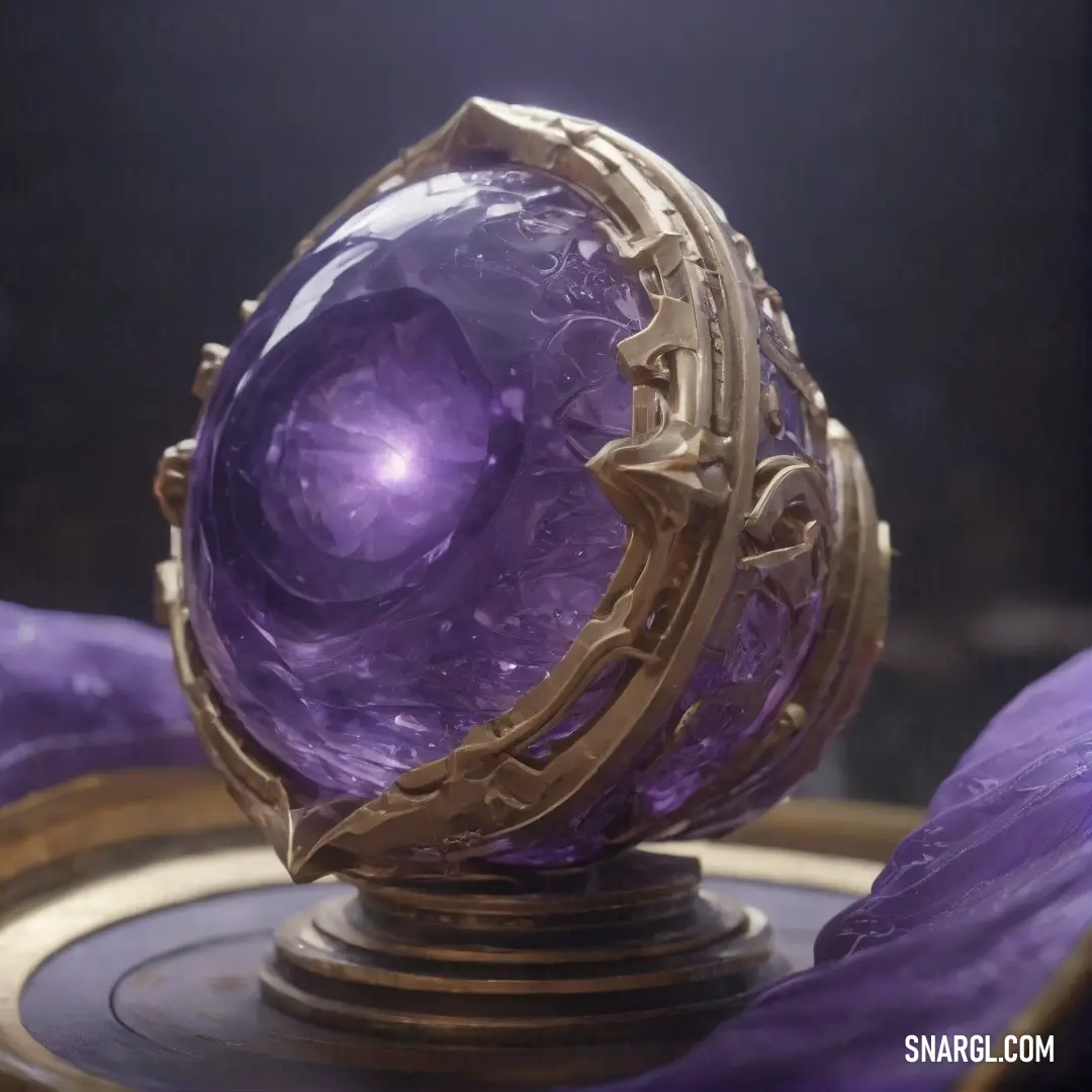 A purple crystal ball perched atop a metal stand, surrounded by deep purple cloth and encased in a golden frame. The intricate details and rich color palette evoke a sense of mystical allure and elegance.