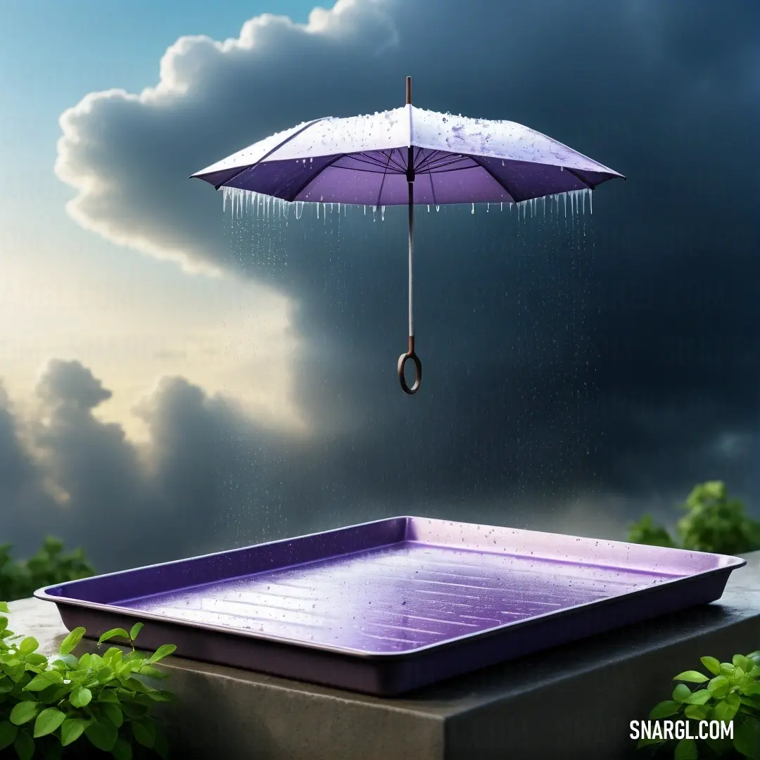 Purple tray with an umbrella hanging from it's side in the rain. Example of RGB 136,120,195 color.