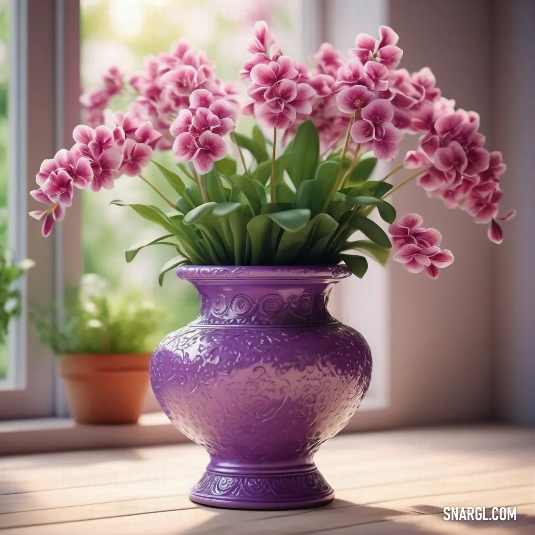 Purple vase with pink flowers in it on a table next to a window sill and a potted plant. Example of #8878C3 color.