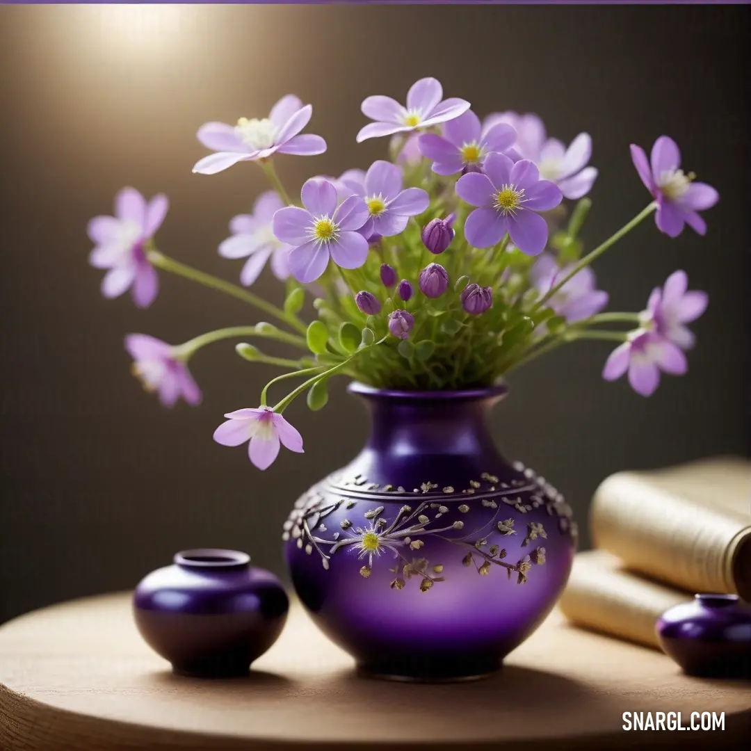 Ube color example: Purple vase with purple flowers and a book on a table with a light shining in the background