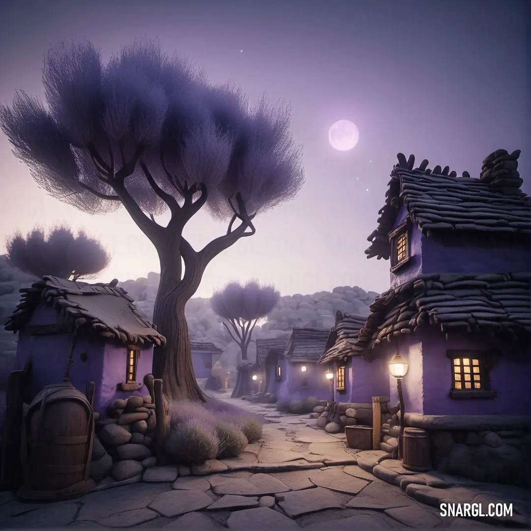 Small village with a tree and a house on the side of the road at night time with a full moon. Color #8878C3.