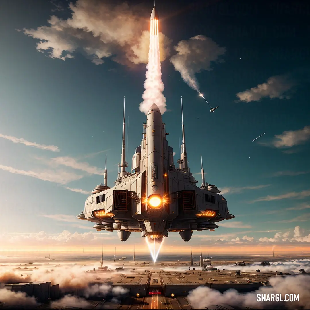 A spaceship glides through the cosmos with a rocket propelling from its rear, creating a stunning display of futuristic technology in motion against the backdrop of deep space.