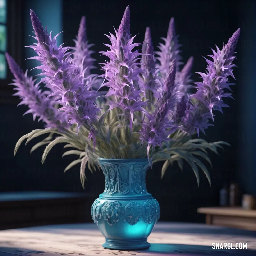 Blue vase with purple flowers in it on a table in a room with a window and a blue wall. Example of CMYK 30,38,0,24 color.