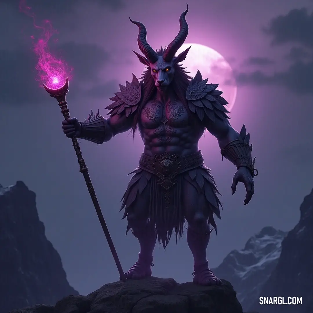 A formidable demon, with a staff aglow, stands majestic on a rocky outcrop, framed by a full moon, casting an ethereal glow over the mountains and embodying otherworldly power.