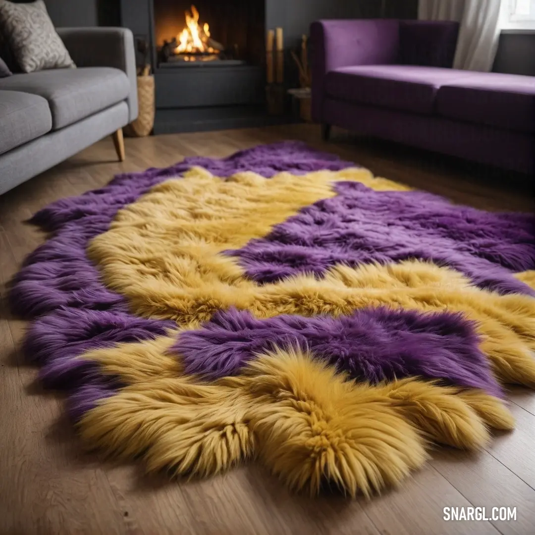 A cozy living room scene highlights a stylish couch situated elegantly around a central fireplace, accented with a rich ube color that creates warmth and charm.