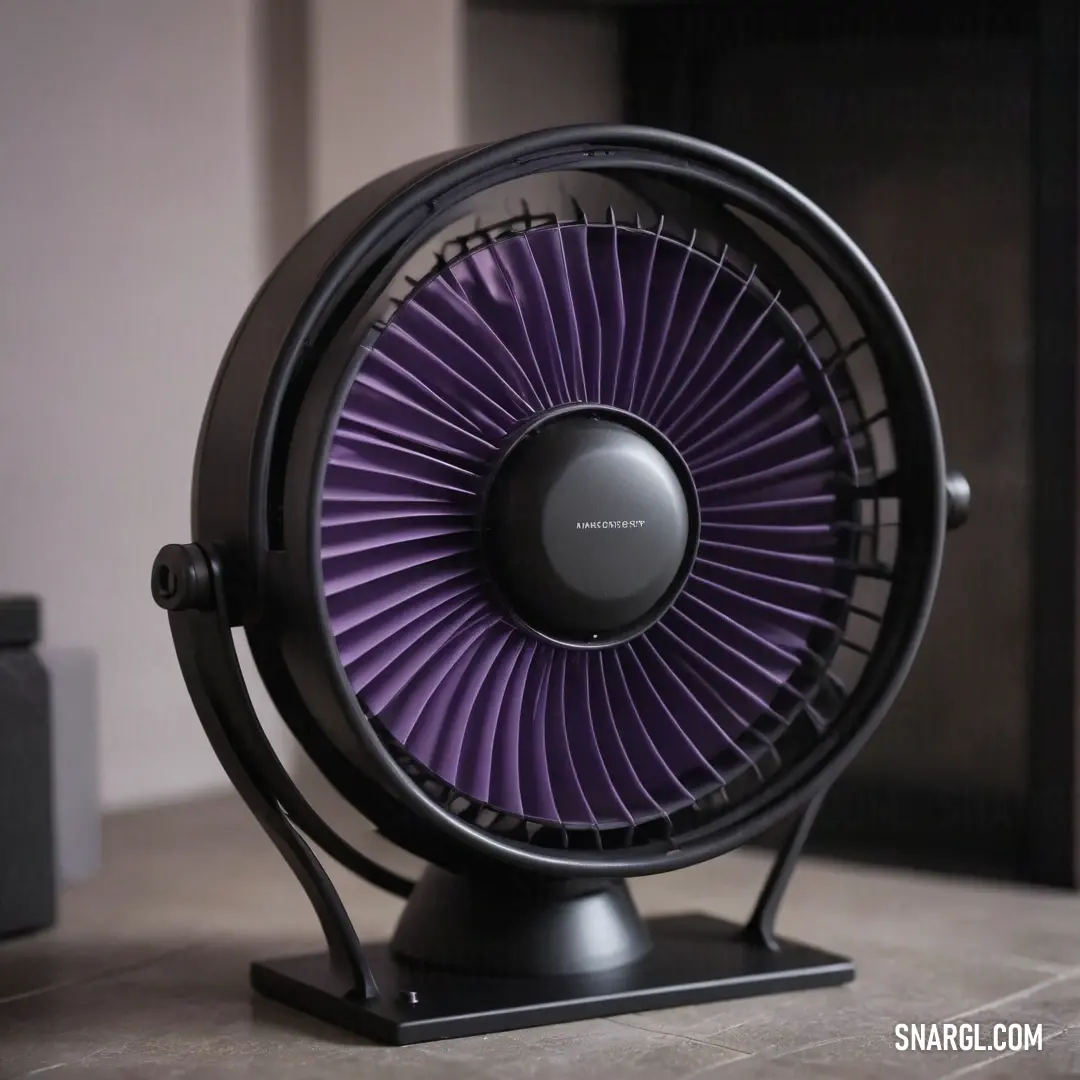 A vibrant purple fan hums quietly on a table surrounded by a sleek black speaker system and a modern black wall box, creating a stylish home setup that exudes a cozy atmosphere.