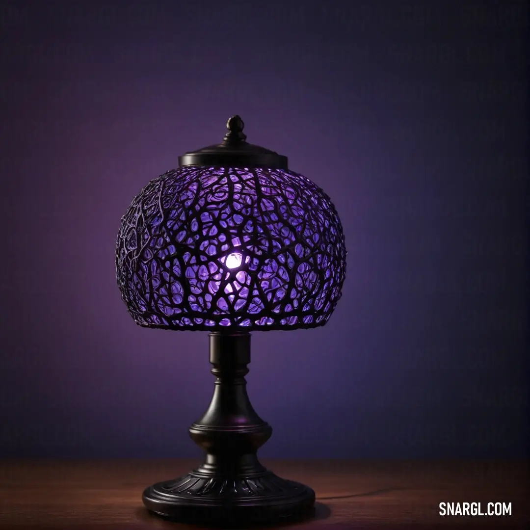 A modern purple lamp glowing softly on a wooden table, bathed in warm light, with a purple-toned background that enhances the lamp's rich, ube color.