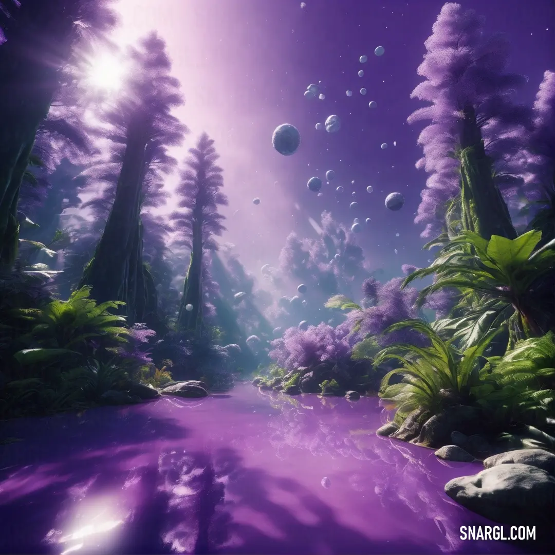 Purple landscape with trees and rocks and a stream of water with bubbles floating in it and a purple sky. Example of CMYK 30,38,0,24 color.