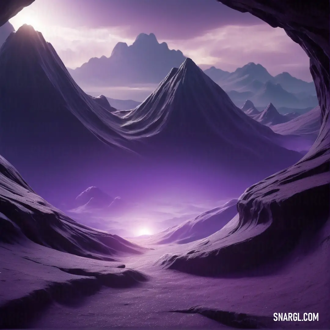 Purple landscape with mountains and a bright light at the end of the tunnel. Example of RGB 136,120,195 color.
