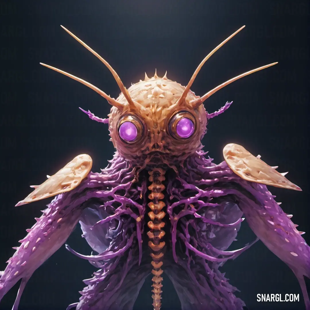 Strange looking creature with purple eyes and long antennae. Color CMYK 30,38,0,24.