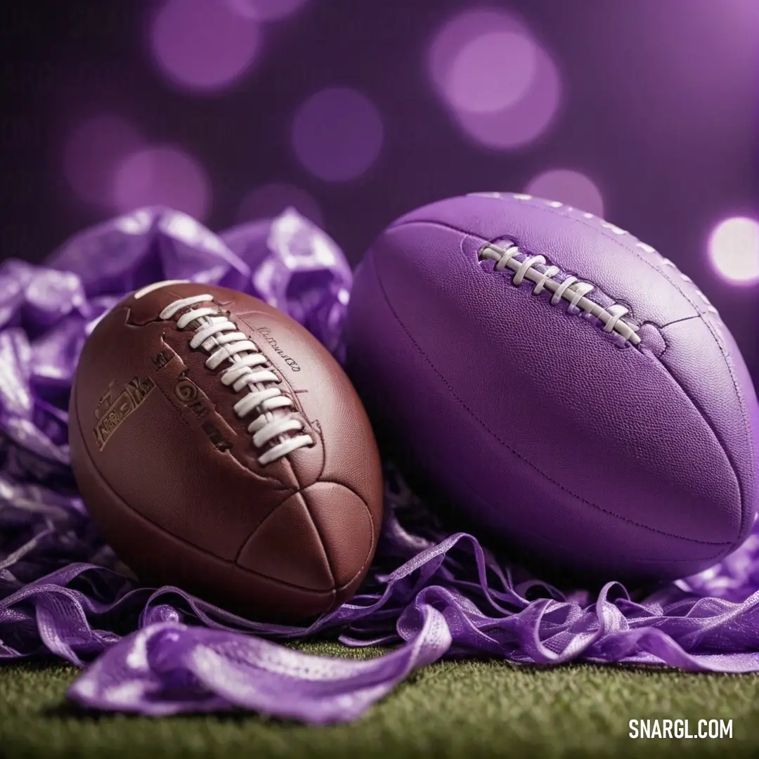 An inviting scene featuring two footballs perfectly positioned atop a richly textured purple cloth, showcasing the vibrant ube color that adds a touch of elegance and uniqueness to this athletic display.