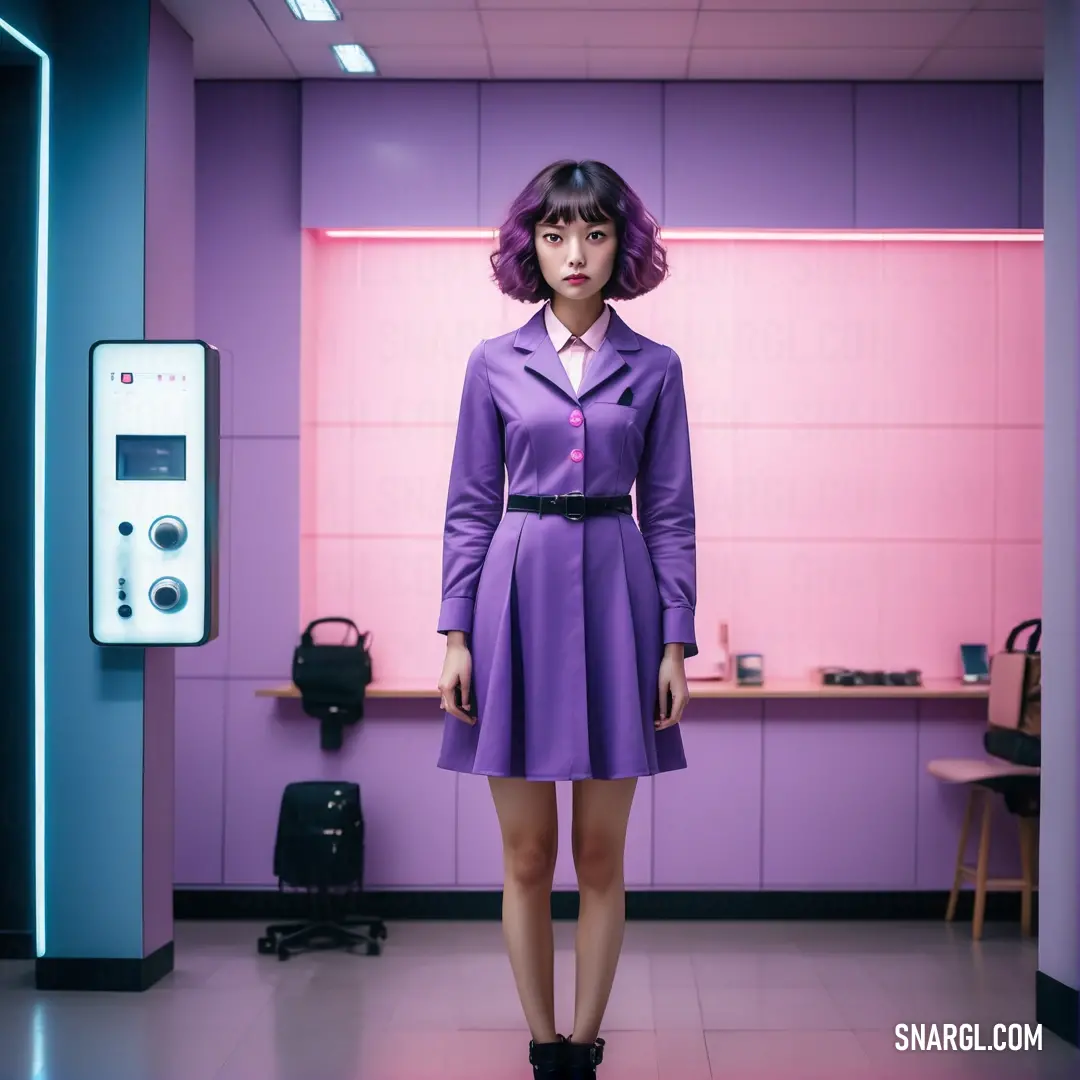 Woman in a purple dress standing in a room with a pink wall. Example of Ube color.