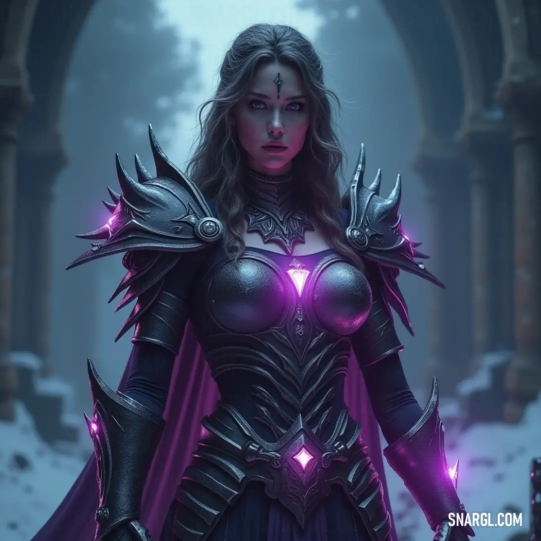 A mysterious woman dressed in an enchanting purple outfit, emanating a captivating glow from her chest, stands poised against an intriguing background, inviting stories of magic and adventure.