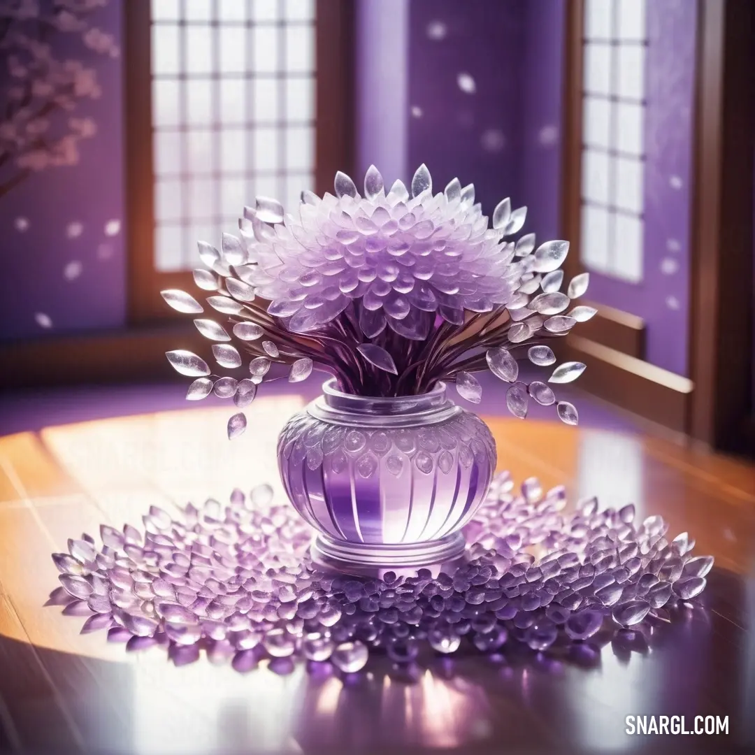Ube color example: Vase with flowers on a table in a room with purple walls and windows and a wooden floor