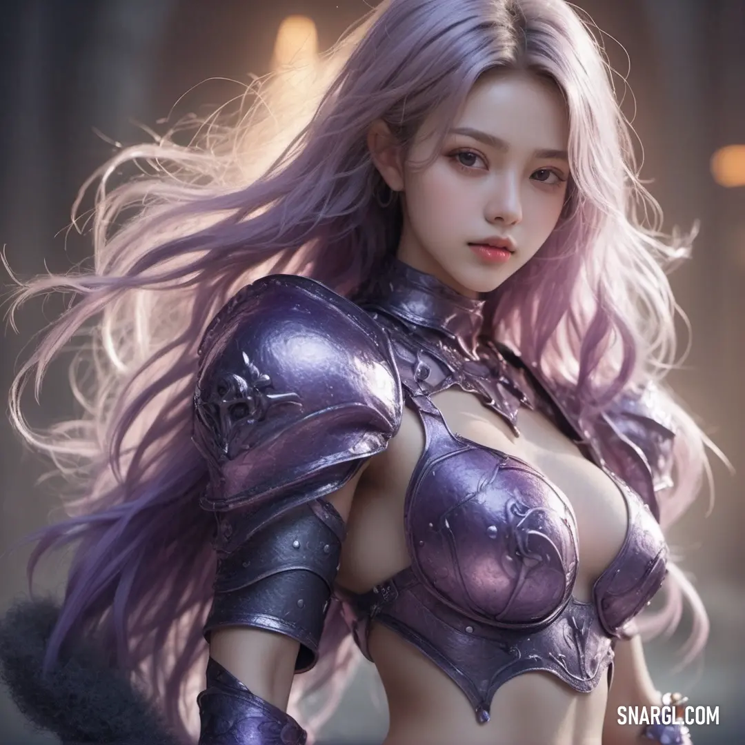 Ube color. Very pretty asian girl with very big breast and purple hair wearing a purple outfit and holding a sword