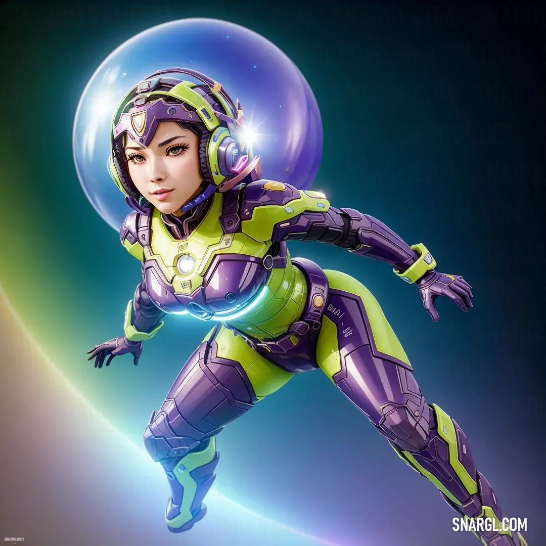 Ube color example: Woman in a futuristic suit with headphones on and a bubble around her neck and arms