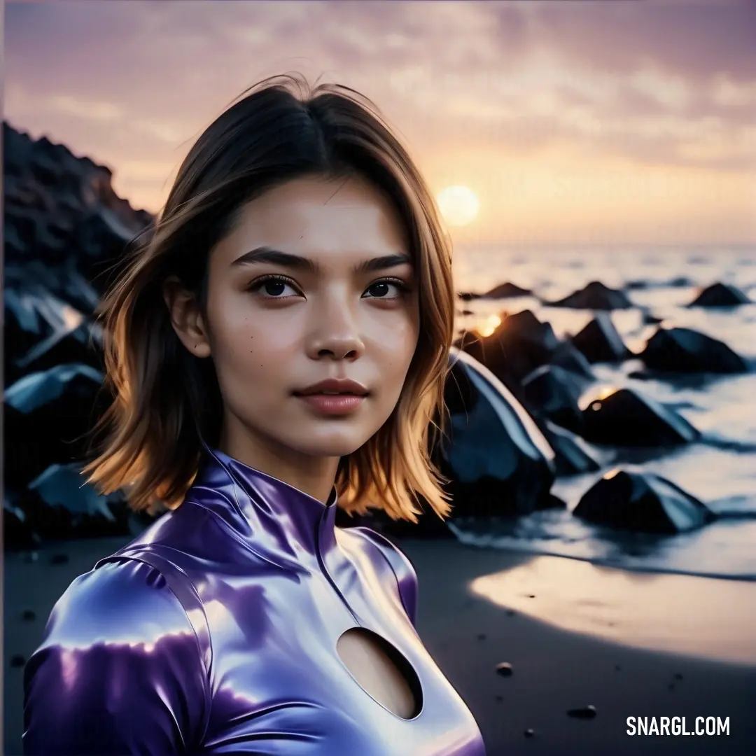Woman in a purple leather outfit standing on a beach at sunset with rocks in the background. Color #8878C3.