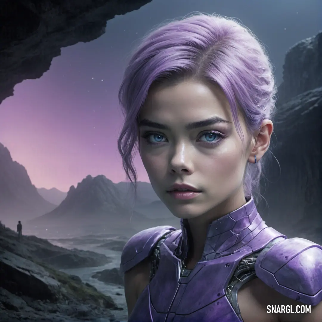 Woman with purple hair and a purple outfit in a cave with a mountain in the background and a purple sky. Color CMYK 30,38,0,24.