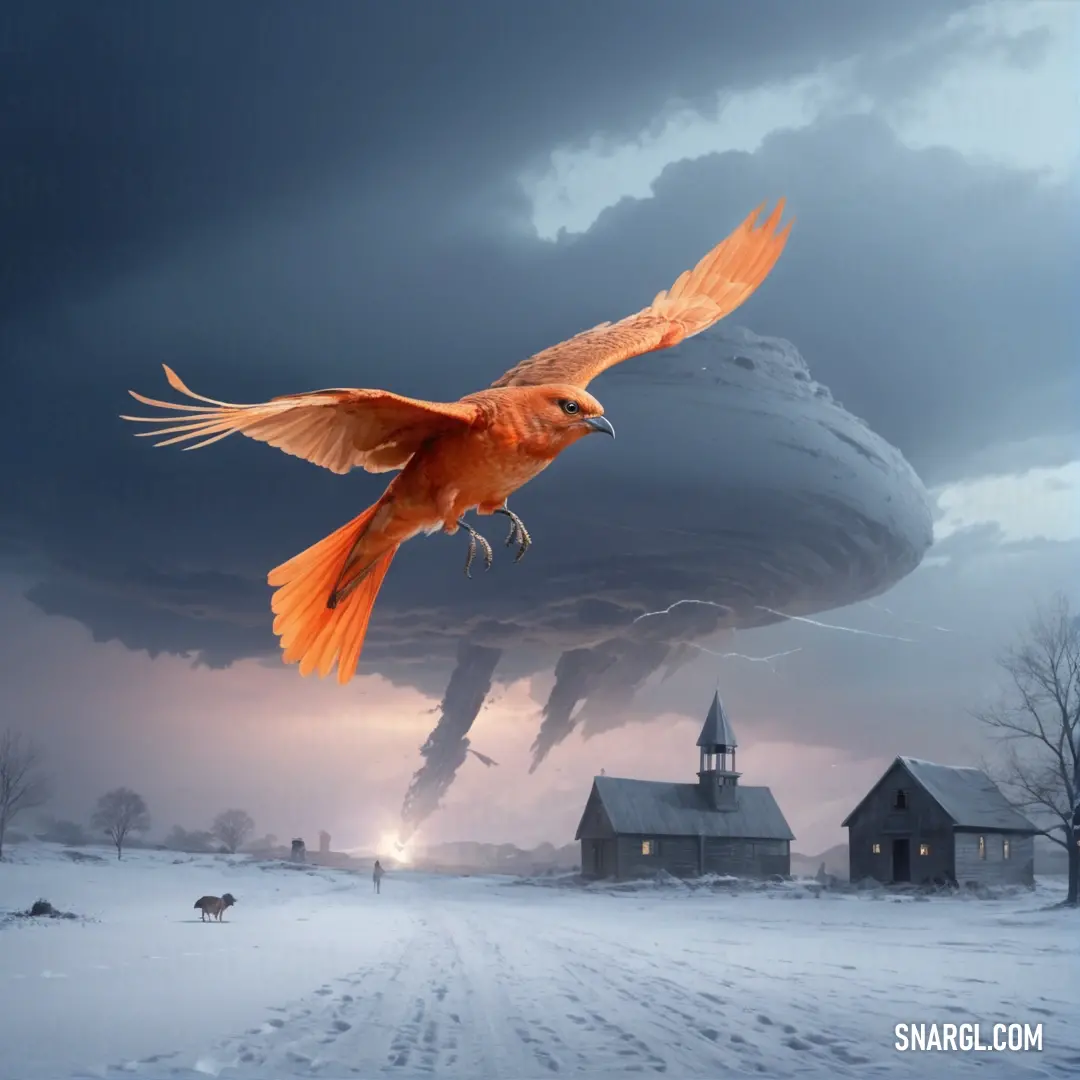 Bird flying over a snow covered field next to a building and a large object in the sky above. Example of #E95420 color.