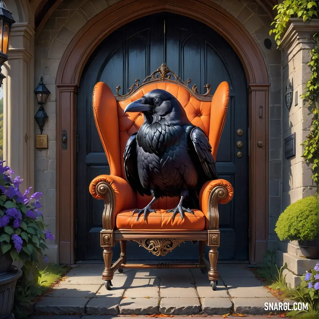 Ubuntu Orange color example: Black bird on an orange chair in front of a door with a blue sky background