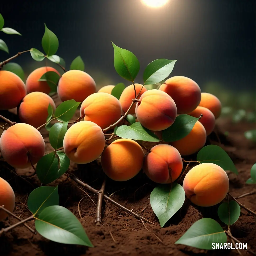 Bunch of ripe peaches on a tree branch with leaves on the ground at night time with a bright light in the background