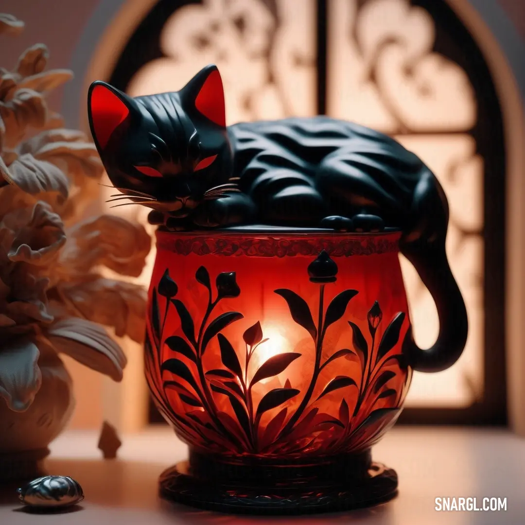 Cat statue in a red vase next to a plant and a candle holder with a cat on it. Example of #E95420 color.