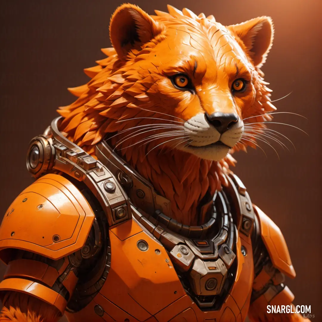 Ubuntu Orange color. Close up of a statue of a cat wearing armor and a helmet with spikes on its head and eyes