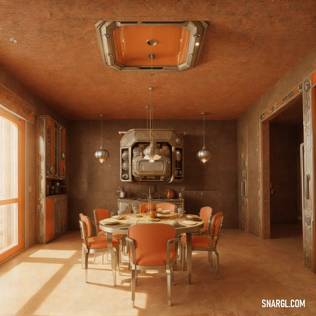 Ubuntu Orange color example: Dining room with a table and chairs and a clock on the wall above it and a window with a view of the outside